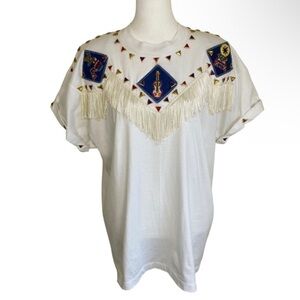 Vintage 90s Gepetto Western Fringe Bejeweled T-Shirt White Single Stitch Sz L